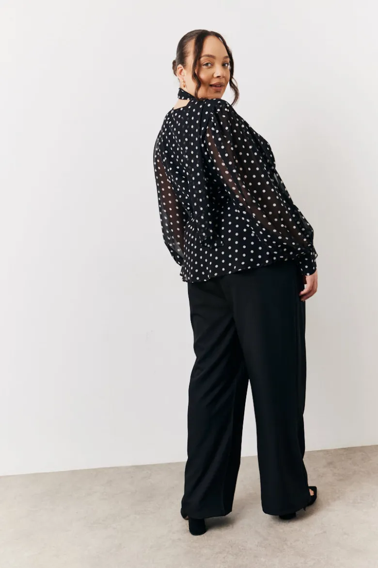 Black Polka Dot Tie Neck Blouse