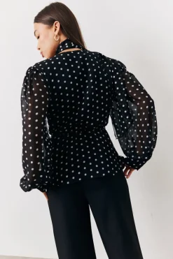 Black Polka Dot Tie Neck Blouse