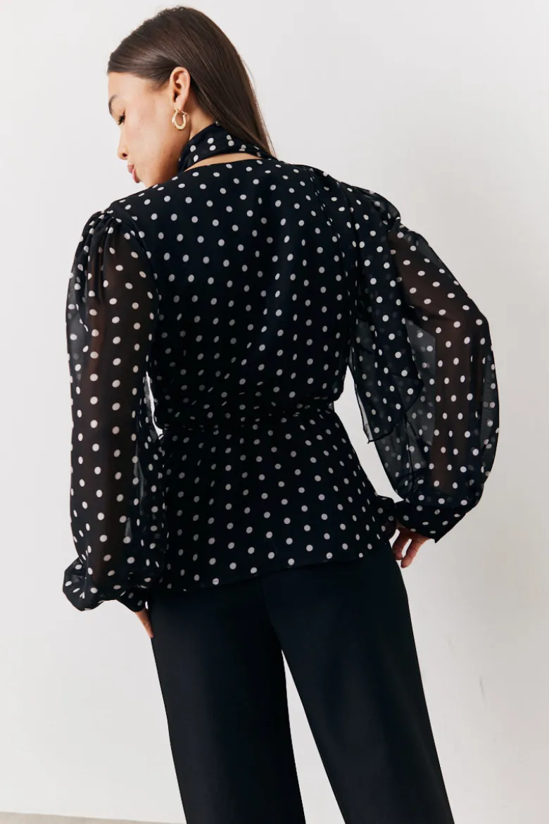 Black Polka Dot Tie Neck Blouse