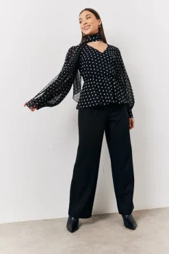 Black Polka Dot Tie Neck Blouse