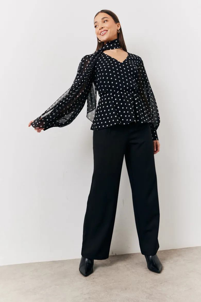 Black Polka Dot Tie Neck Blouse