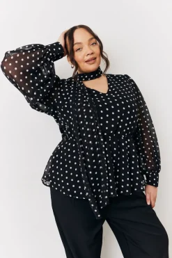 Black Polka Dot Tie Neck Blouse