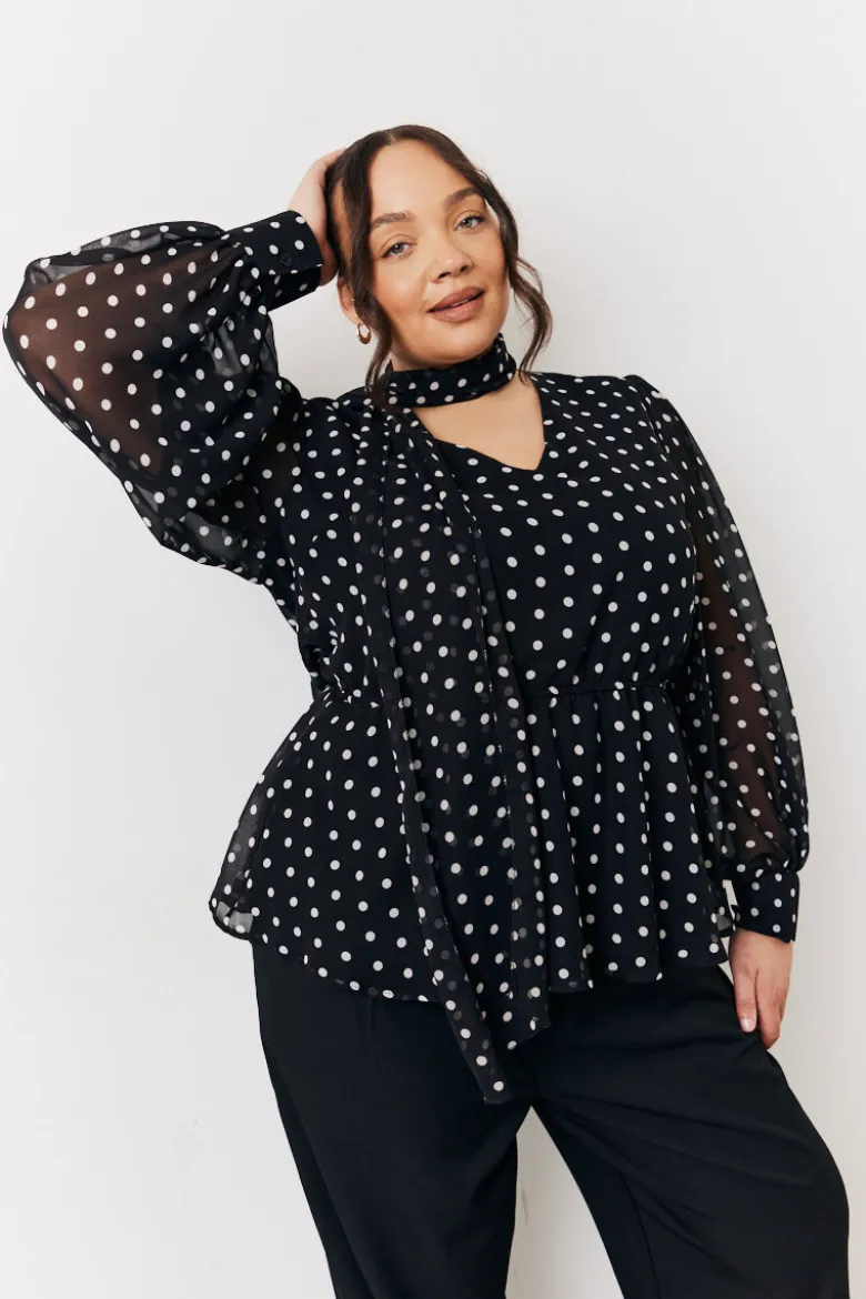 Black Polka Dot Tie Neck Blouse