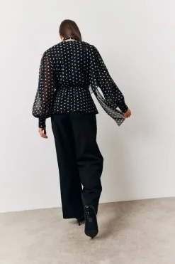 Black Polka Dot Tie Neck Blouse