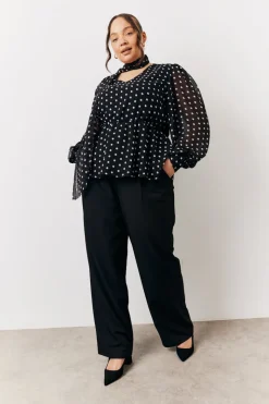 Black Polka Dot Tie Neck Blouse