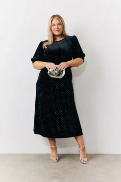 Black Puff Sleeve Studded Velour Midi Dress