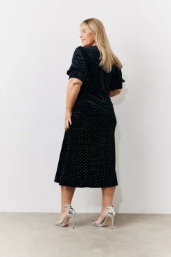 Black Puff Sleeve Studded Velour Midi Dress