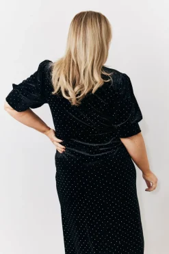 Black Puff Sleeve Studded Velour Midi Dress