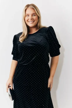 Black Puff Sleeve Studded Velour Midi Dress