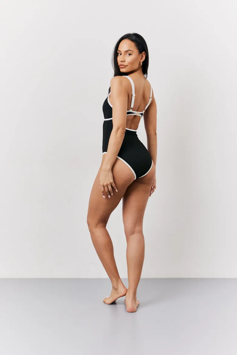 Black Ribbed Contrast Binding Cut Out Swimsuit