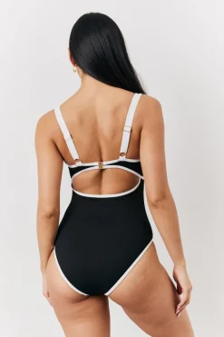 Black Ribbed Contrast Binding Cut Out Swimsuit