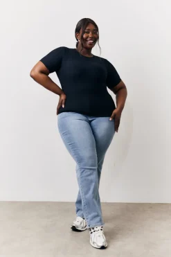 Black Ribbed Crew Neck Short Sleeve Top