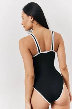 Black Ribbed Racer Neck Swimsuit