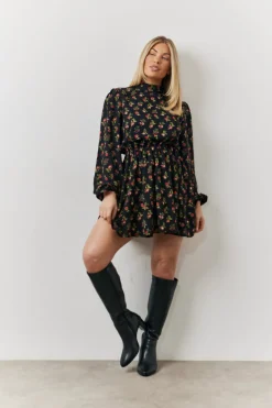 Black Rose Print High Neck Mini Dress
