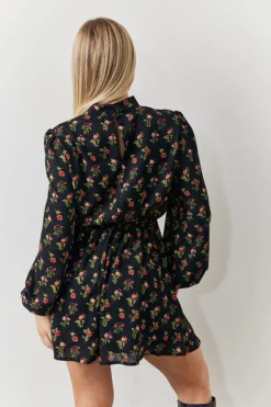 Black Rose Print High Neck Mini Dress