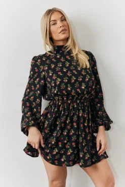 Black Rose Print High Neck Mini Dress