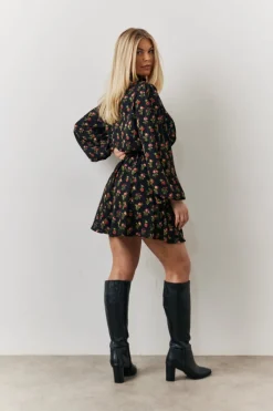 Black Rose Print High Neck Mini Dress