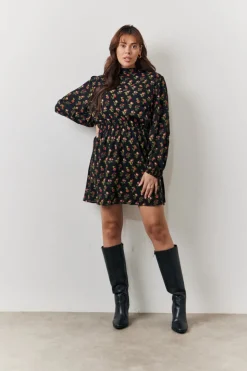 Black Rose Print High Neck Mini Dress