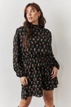 Black Rose Print High Neck Mini Dress