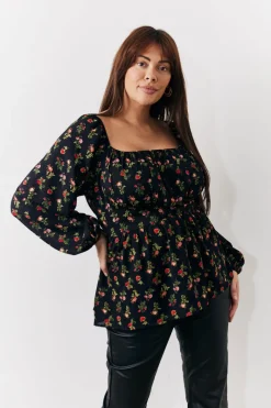Black Rose Print Smock Top