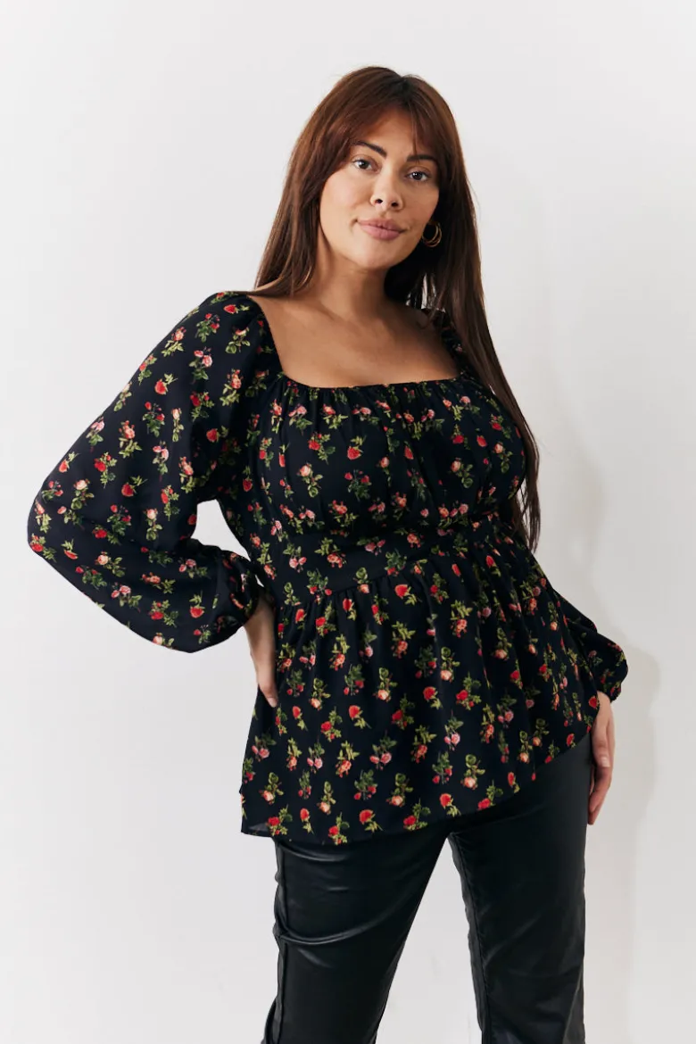 Black Rose Print Smock Top