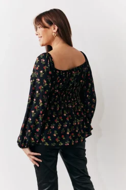 Black Rose Print Smock Top