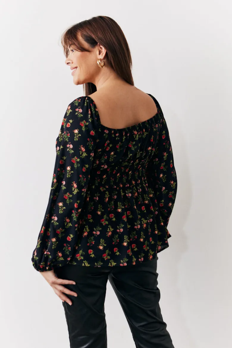 Black Rose Print Smock Top