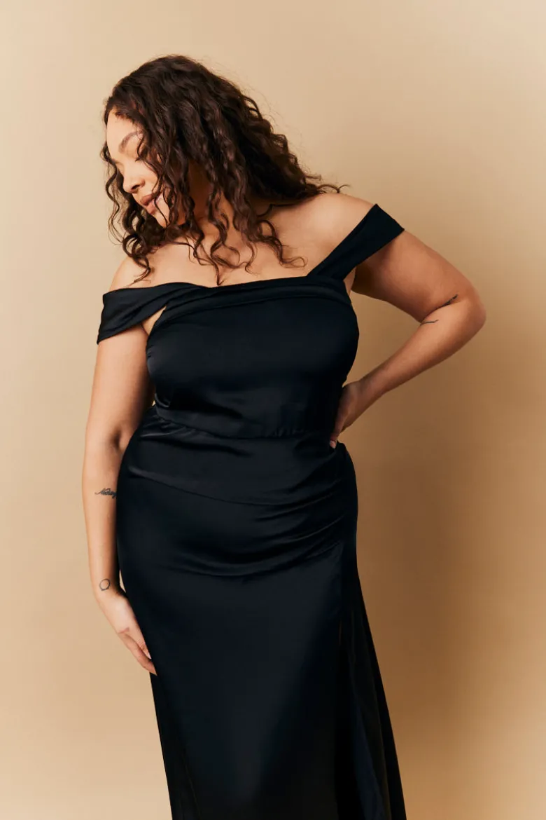 Black Satin Bardot Ruched Maxi Dress