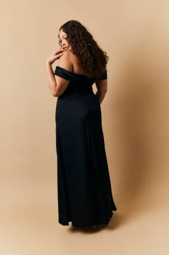 Black Satin Bardot Ruched Maxi Dress