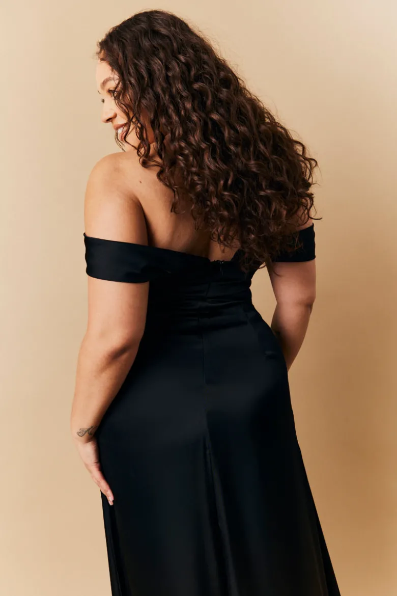 Black Satin Bardot Ruched Maxi Dress