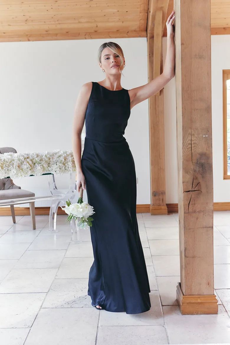 Black Satin Cowl Back Maxi Dress
