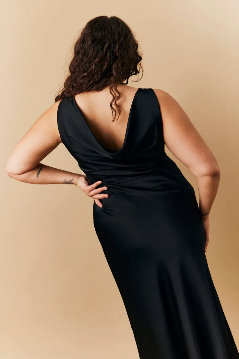 Black Satin Cowl Back Maxi Dress