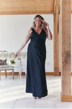 Black Satin Twist Back Maxi Dress