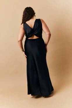 Black Satin Twist Back Maxi Dress