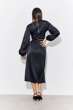Black Satin Wrap Midi Skirt