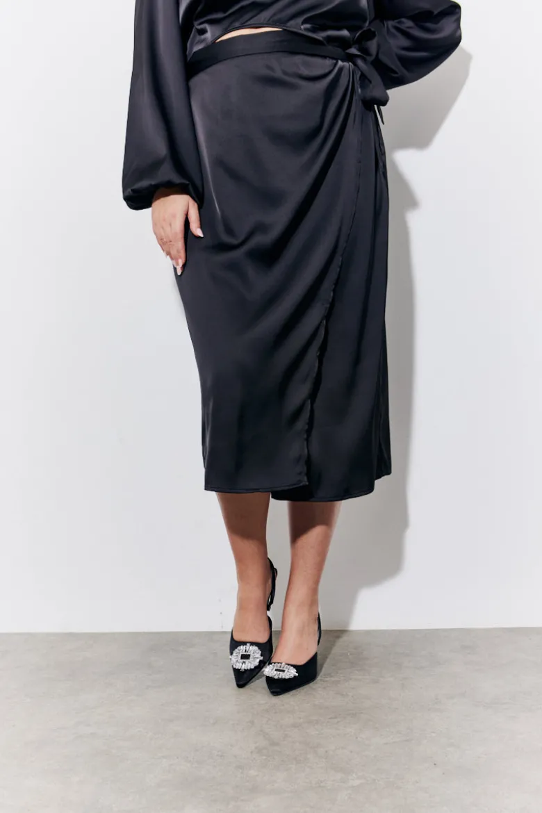 Black Satin Wrap Midi Skirt