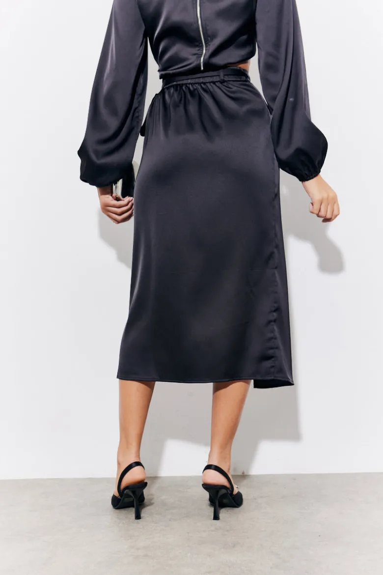 Black Satin Wrap Midi Skirt