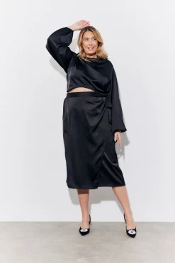 Black Satin Wrap Midi Skirt