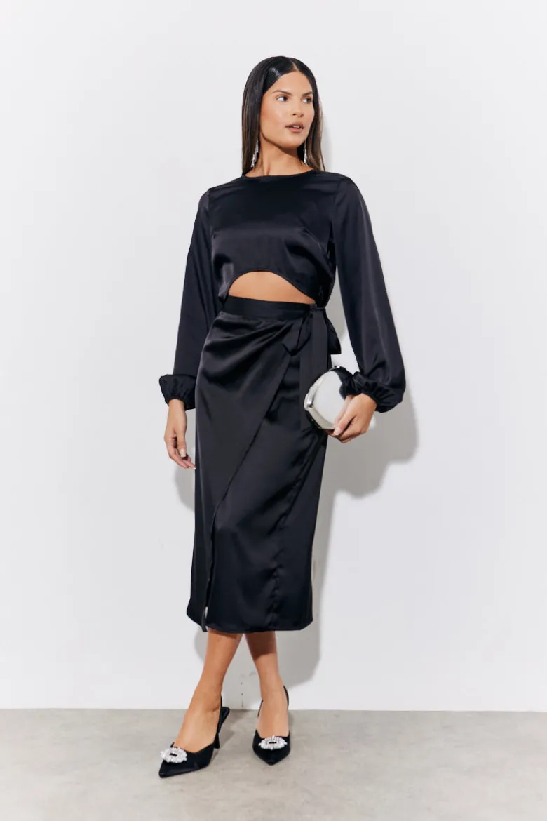 Black Satin Wrap Midi Skirt