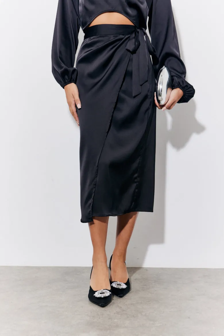 Black Satin Wrap Midi Skirt