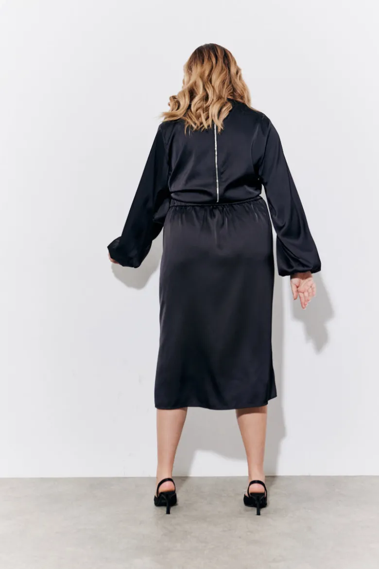 Black Satin Wrap Midi Skirt