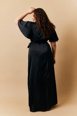 Black Satin Wrap Tie Angel Sleeve Maxi Dress