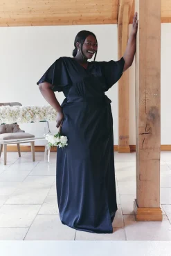 Black Satin Wrap Tie Angel Sleeve Maxi Dress