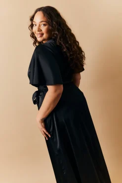 Black Satin Wrap Tie Angel Sleeve Maxi Dress