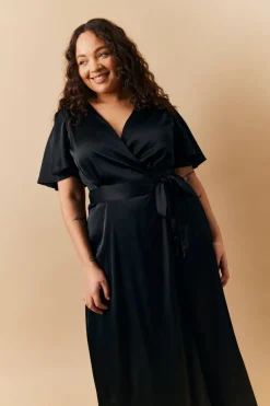 Black Satin Wrap Tie Angel Sleeve Maxi Dress