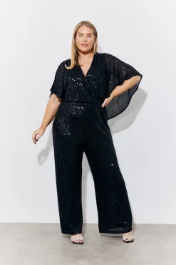 Black Sequin Cape Style Wide Leg Jumpsuit