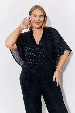 Black Sequin Cape Style Wide Leg Jumpsuit