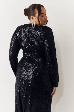 Black Sequin Long Sleeve Maxi Dress