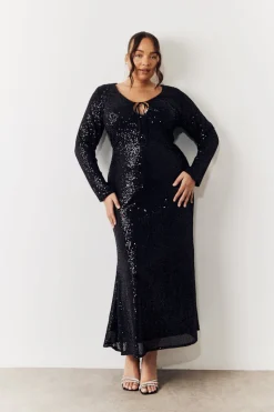 Black Sequin Long Sleeve Maxi Dress