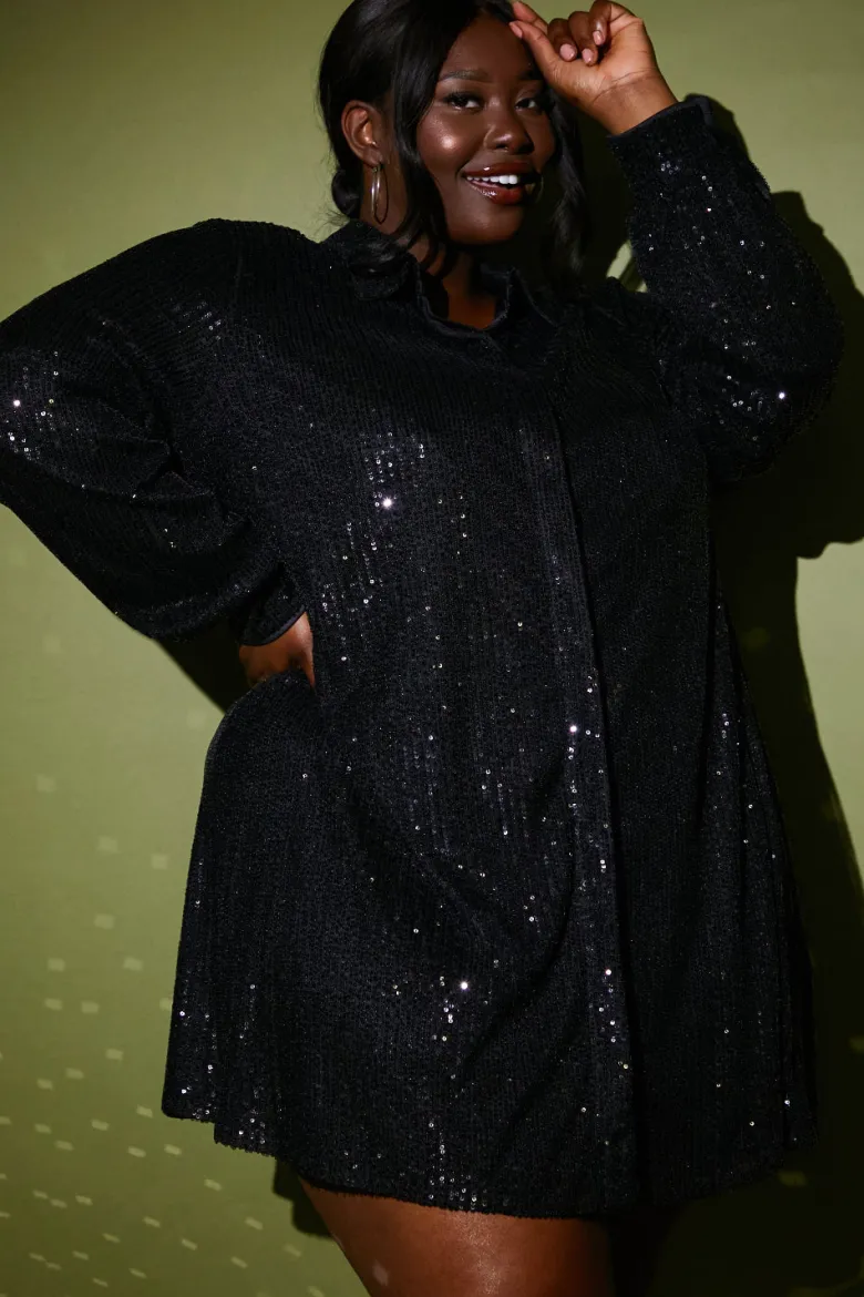 Black Sequin Oversized Shirt Dress